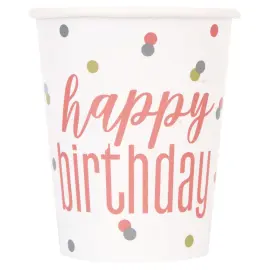 Happy Birthday Pappkopper Hvit & Rosa