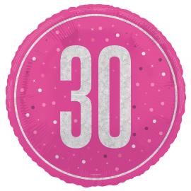 Rund Folieballong med Tallet 30 Cerise 45,7 cm