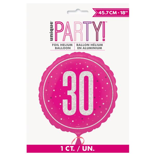 Rund Folieballong med Tallet 30 Cerise 45,7 cm