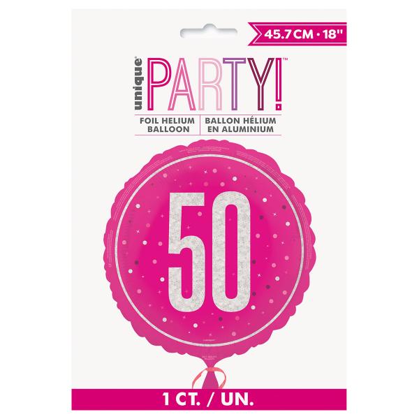 Rund Folieballong med Tallet 50 Cerise 45,7 cm