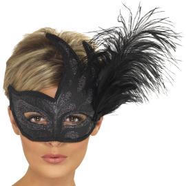 Colombina Svart Øyemaske med Fjær
