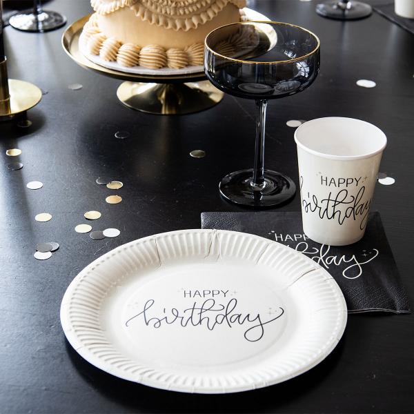 Papptallerkener Happy Birthday Kremhvit/Svart 8-pakning