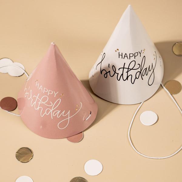 Festhatter Happy Birthday Kremrosa/Kremhvit 6-pakning