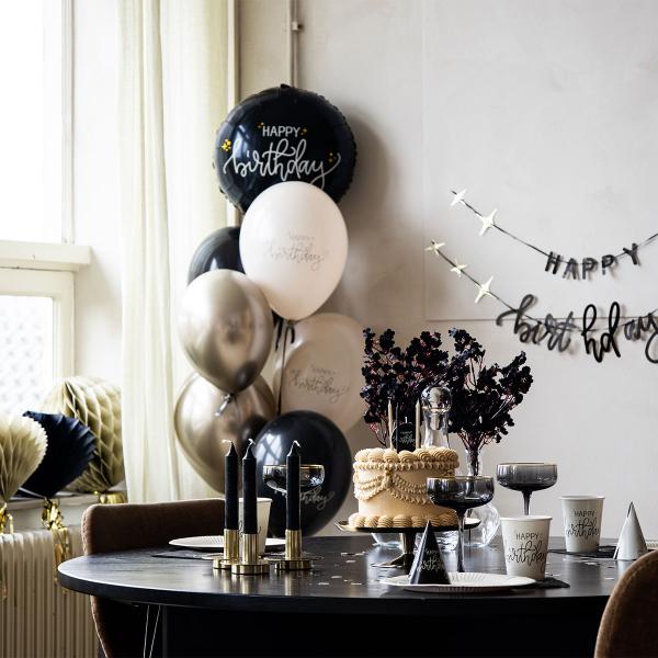 Festhatter Happy Birthday Svart/Kremhvit 6-pakning