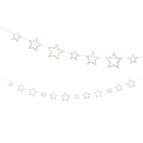 Girlander Hvite Stjerner med Rosa Glitter