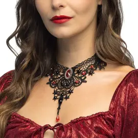 Choker med Blonder og Steiner Svart/R&oslash;d