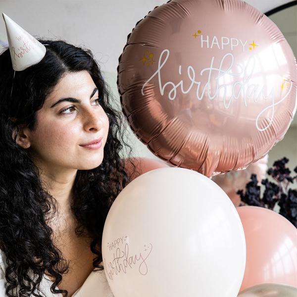 Rund Folieballong Happy Birthday Kremrosa