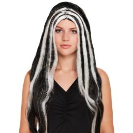 Lang Svart Hekseparykk med Striper