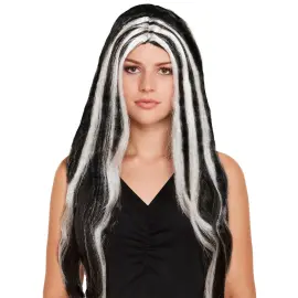 Lang Svart Hekseparykk med Striper