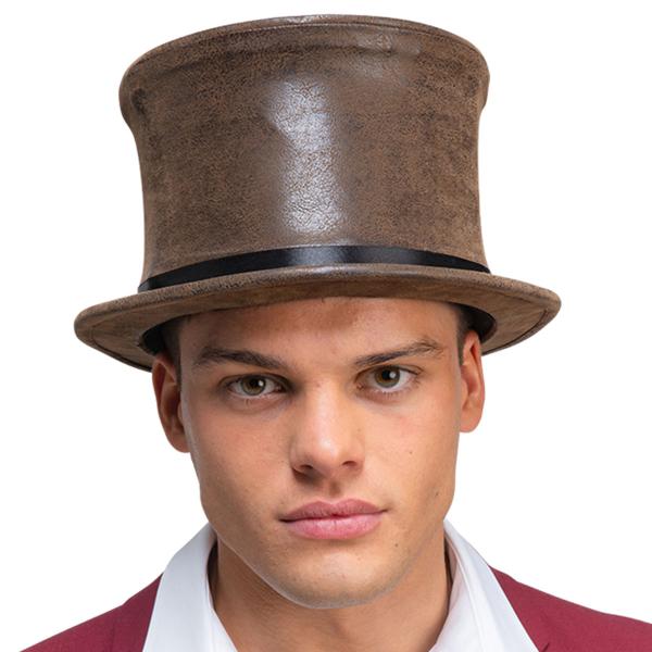 Høy Hatt i Brun Imitert Semsket Skinn