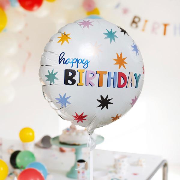 Rund Happy Birthday Folieballong med Stjerner