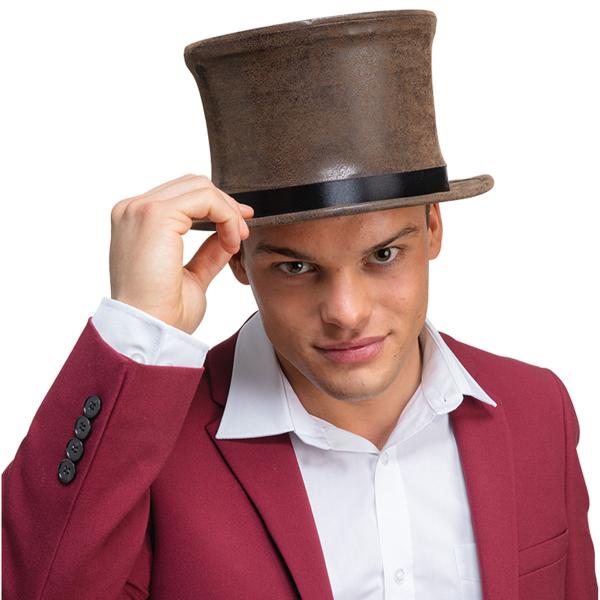 Høy Hatt i Brun Imitert Semsket Skinn