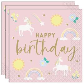 Happy Birthday Papirservietter Enhj&oslash;rninger 16-pakning