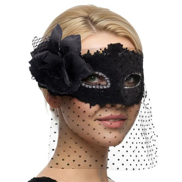 Øyemaske med Slør og Blomst Svart