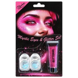 Lysebl&aring; Kontaktlinser med Rosa Glittersminke