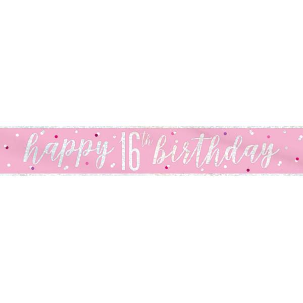 Happy 16th Birthday Banner Rosa & Sølv