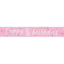 Happy 16th Birthday Banner Rosa & Sølv