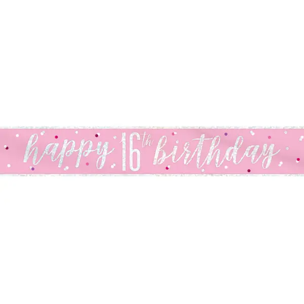 Happy 16th Birthday Banner Rosa & Sølv
