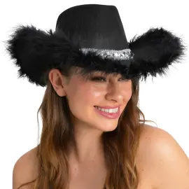 Svart Cowboyhatt med Fj&aelig;rkant