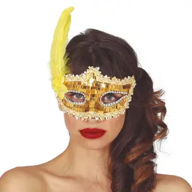 Gull Halvmaske med Paljetter & Fjær