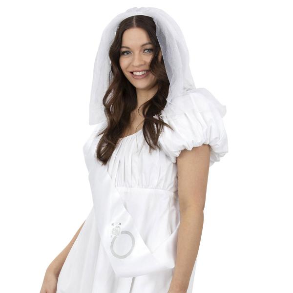 Hvitt Brudeslør & Ordensbånd Sett