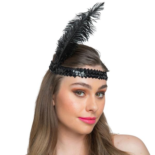 Paljett Pannebånd med Fjær Svart
