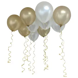 Latexballonger Gull/Hvit med B&aring;nd 10-pakning