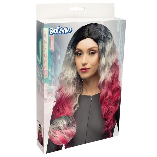 Bølgete Svart, Grå & Rosa Ombre Parykk
