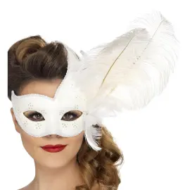 Teatermaske med Fjær Hvit
