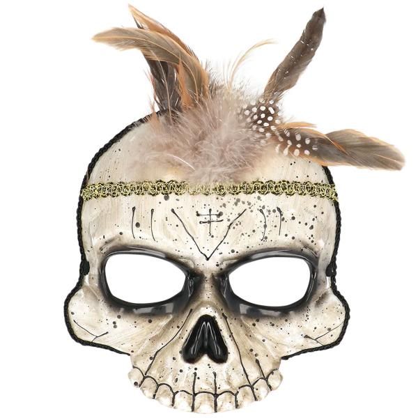 Voodoo Halvmaske Hodeskalle med Fjær